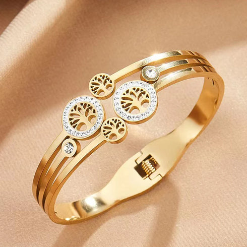 Women's Luxury Designer Bangle Stainless Steel Tree of Life Cuff Bracelet for Women